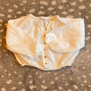 Kids white linen, cropped, button-down, flowy Zara blouse.